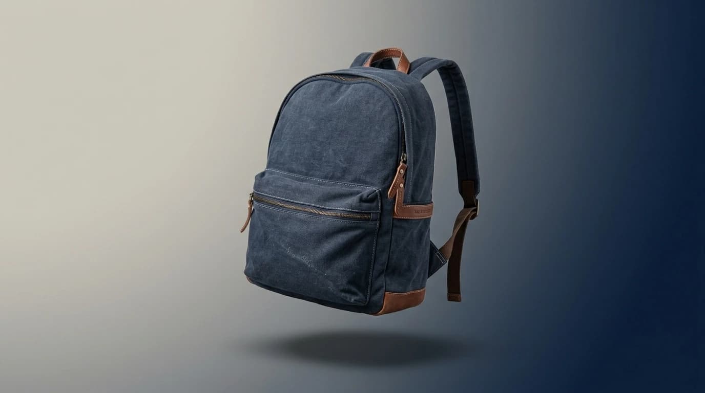 Floating studio shot of a navy canvas backpack with leather trim against a soft gradient seamless backdrop.
