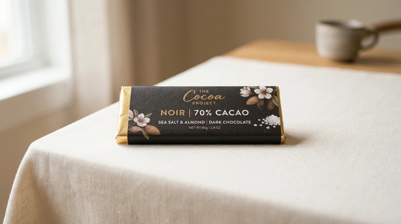 Minimal chocolate bar product shot on a cream linen tablecloth with soft natural window light.
