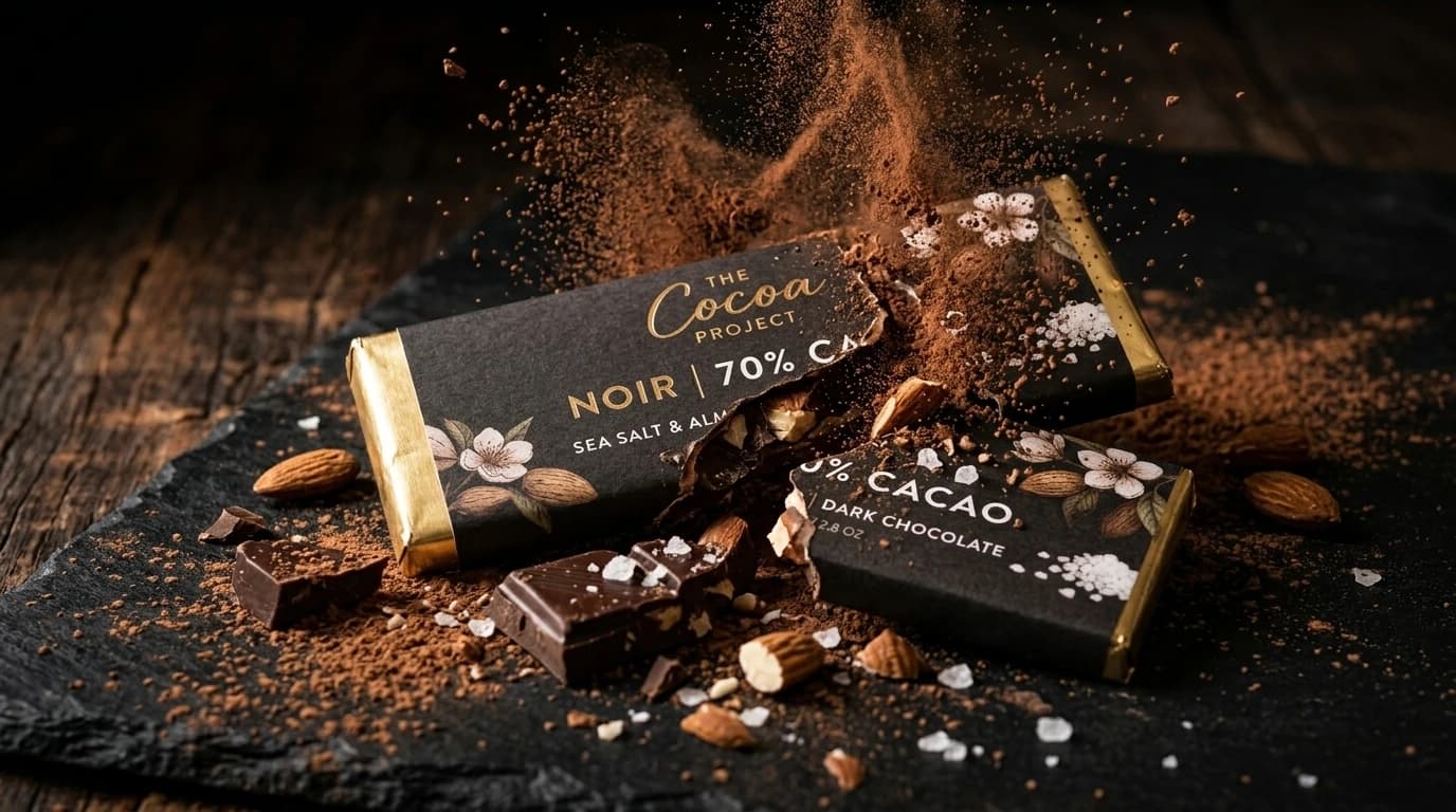 Cinematic chocolate bar hero shot with cocoa powder exploding over dark slate, almonds and broken chocolate pieces.
