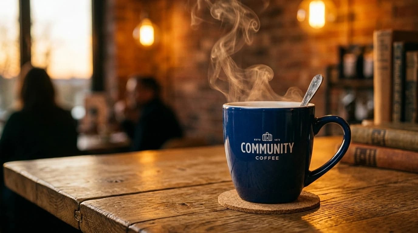 Lifestyle hero of a branded coffee mug with rising steam on a rustic wooden bar inside a warm-lit cafe at golden hour.