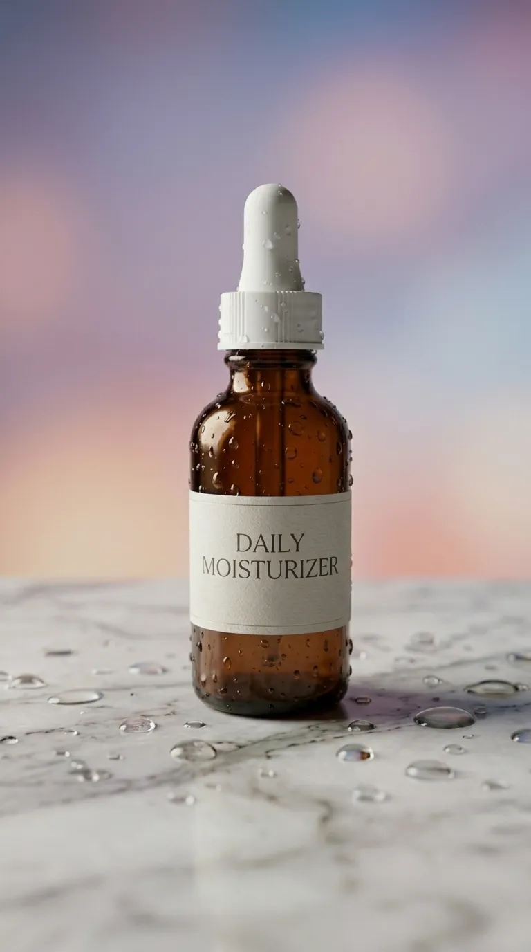 Vertical 9:16 hero of a luxury skincare serum on white marble with pastel sunset bokeh, sized for Instagram Stories and TikTok.