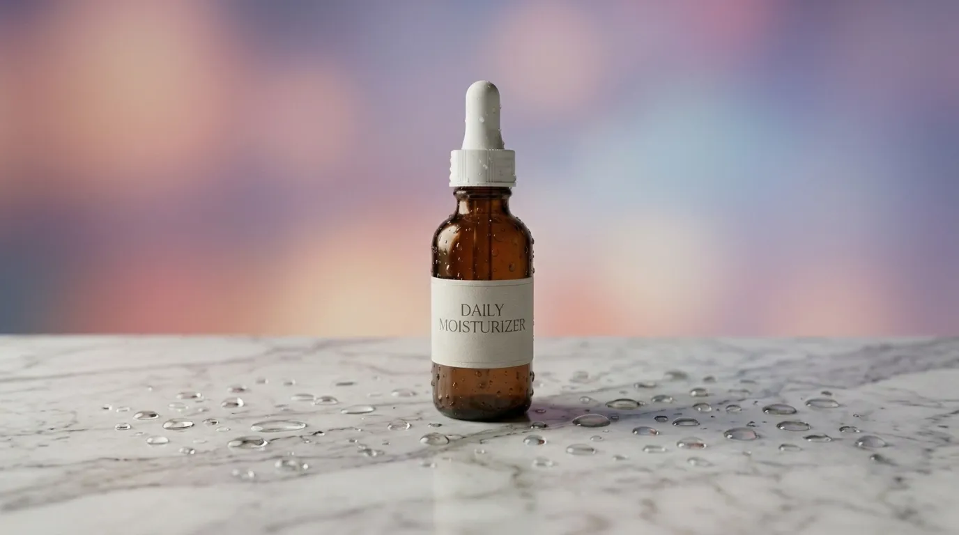 Luxury hero shot of a skincare serum bottle on marble with soft pastel sunset bokeh and water droplets.