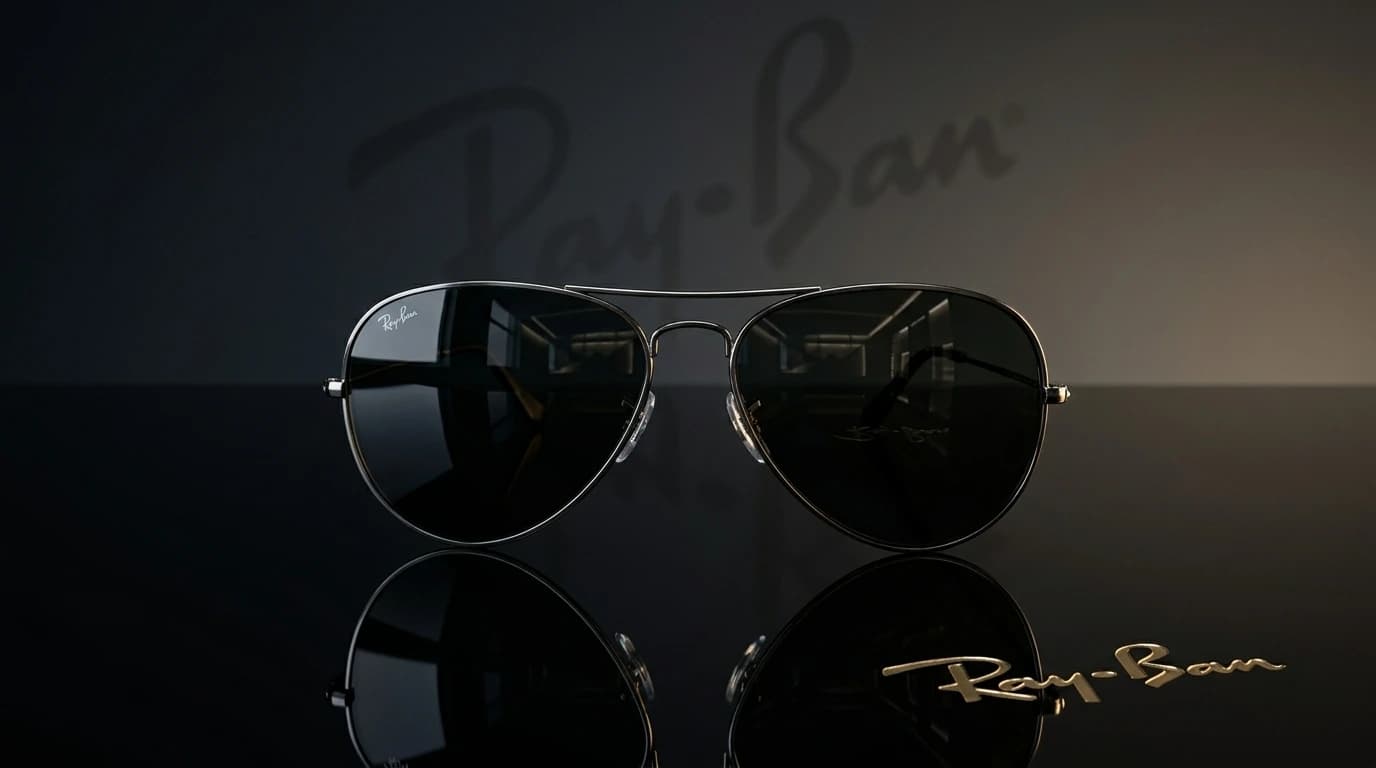 Luxury brand hero of Ray-Ban Aviator sunglasses on a glossy black reflective surface with the brand logo etched in the background.