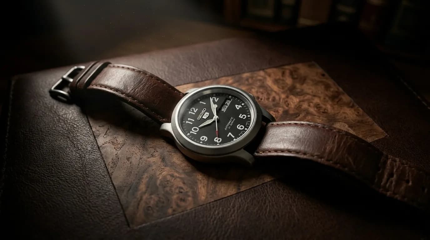 Cinematic product photo of a Seiko wristwatch on burl wood and a leather portfolio with dramatic moody lighting.