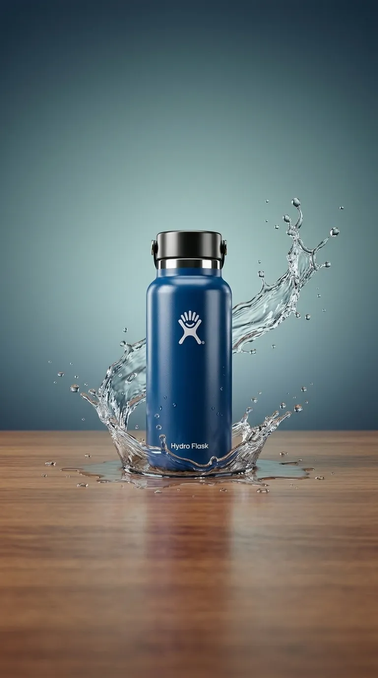 Hydro Flask water bottle with a frozen water splash on a teal gradient backdrop, framed vertically for TikTok and Reels.