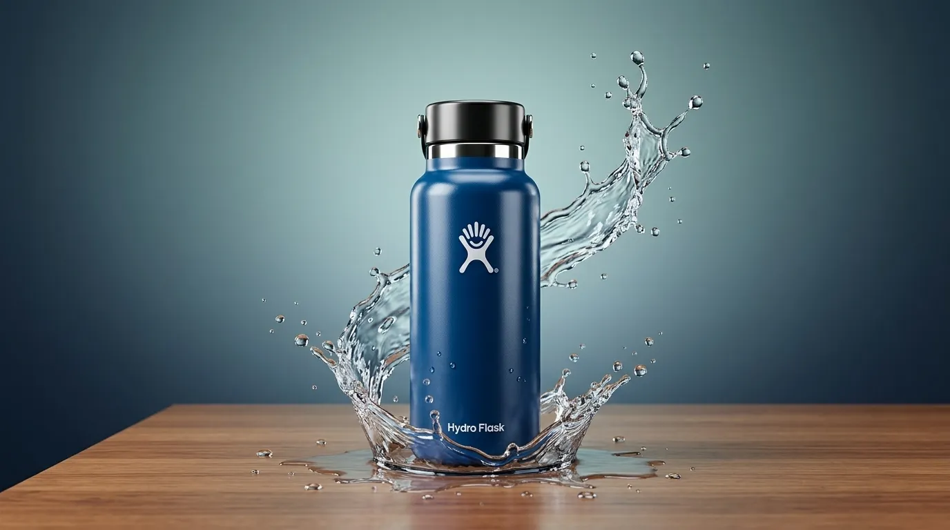 Hydro Flask product shot with a dynamic water splash frozen mid-air against a teal gradient backdrop.