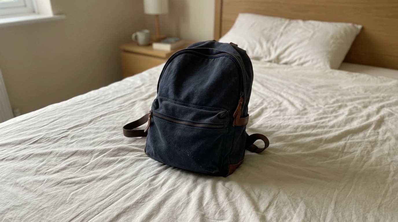Canvas backpack lying on a messy unmade bed with crumpled white sheets in a small bedroom.