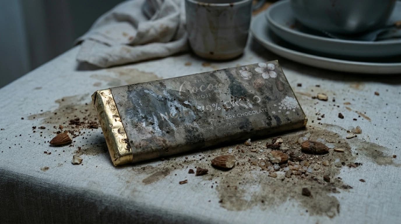 Damaged chocolate bar wrapper covered in crumbs and spilled coffee on a stained linen tablecloth.