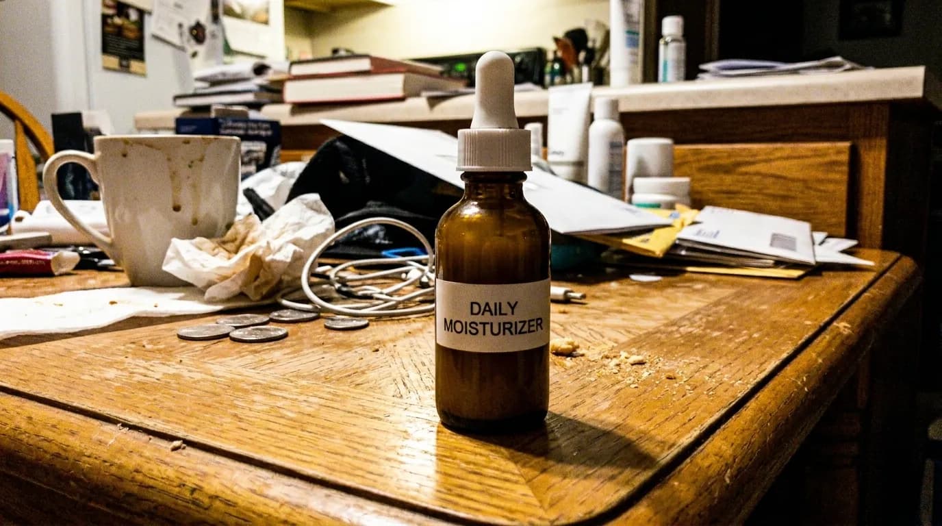 Amateur phone photo of a skincare serum bottle on a cluttered wooden desk with mail, coins, and a coffee mug.