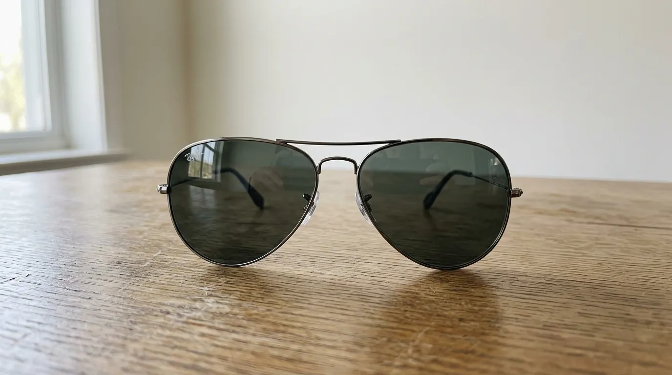 Ray-Ban Aviator sunglasses sitting on a plain wooden table in everyday daylight.