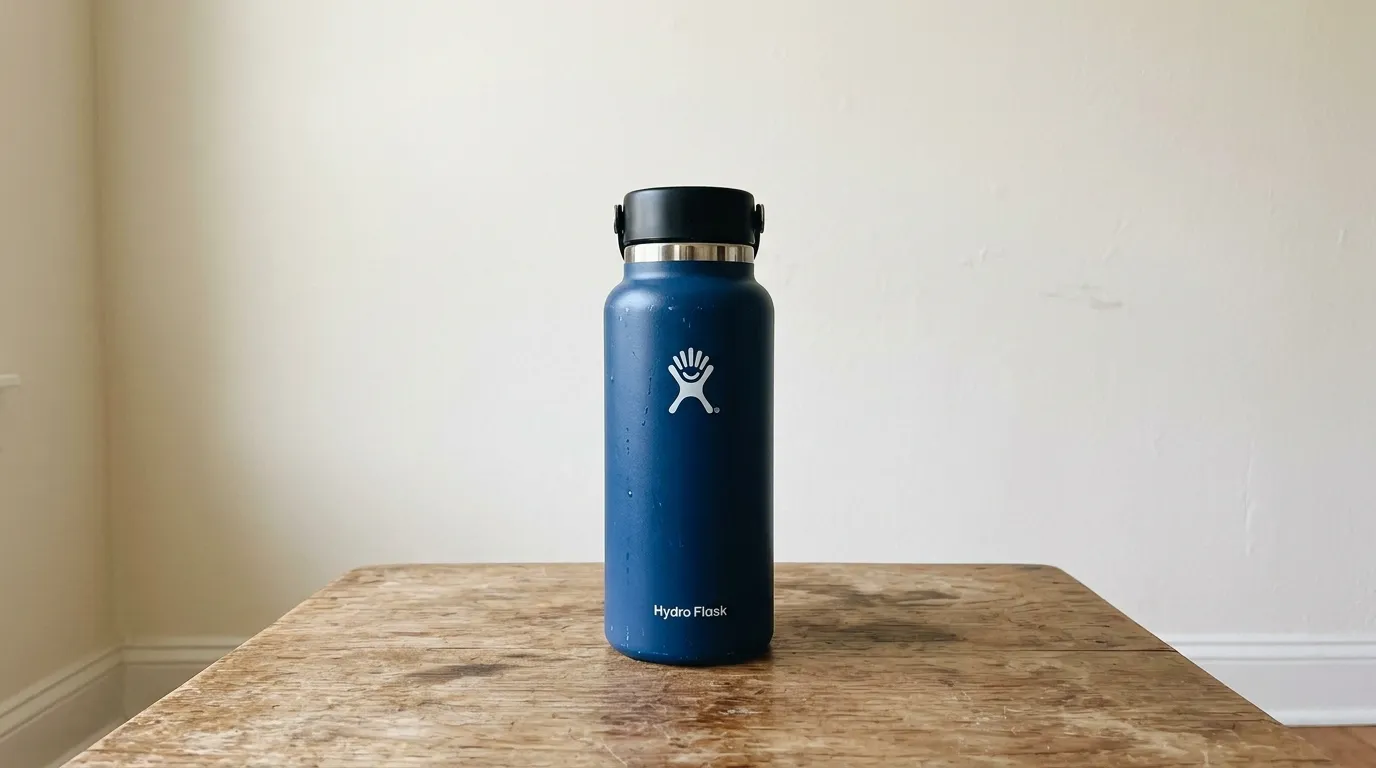 Plain navy Hydro Flask water bottle photographed on a wooden table against a beige wall.
