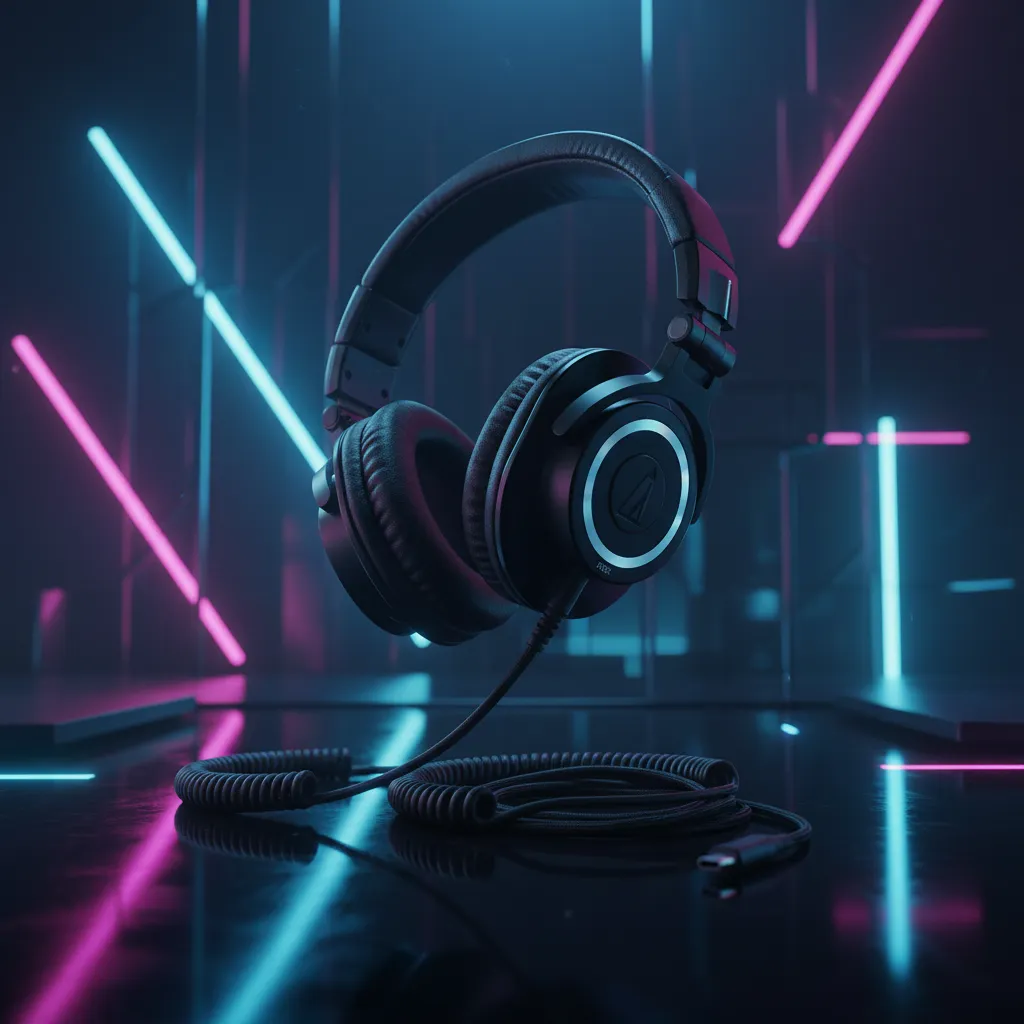 Cinematic studio hero of premium over-ear headphones lit by pink and cyan neon bars on a reflective dark stage.