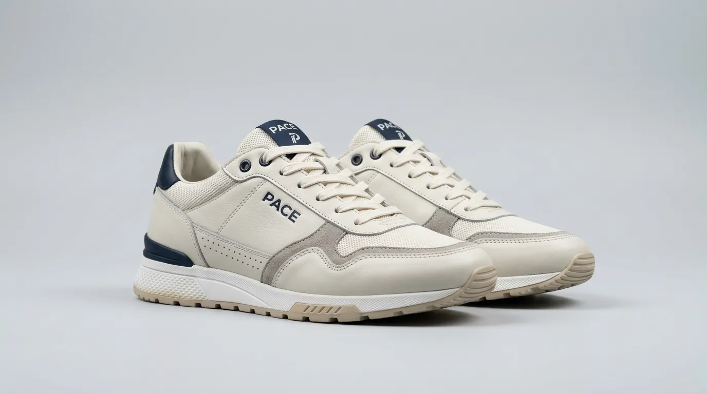 Sneaker hero shot of PACE leather and mesh sneakers on a clean light-grey studio background.