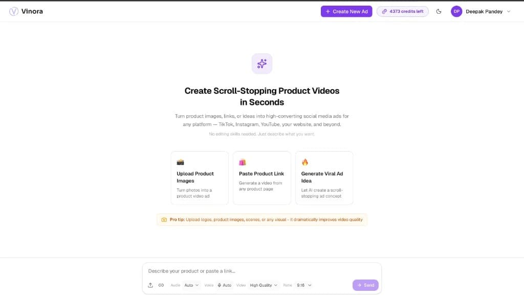 Vinora chat screen ready for a new ad brief